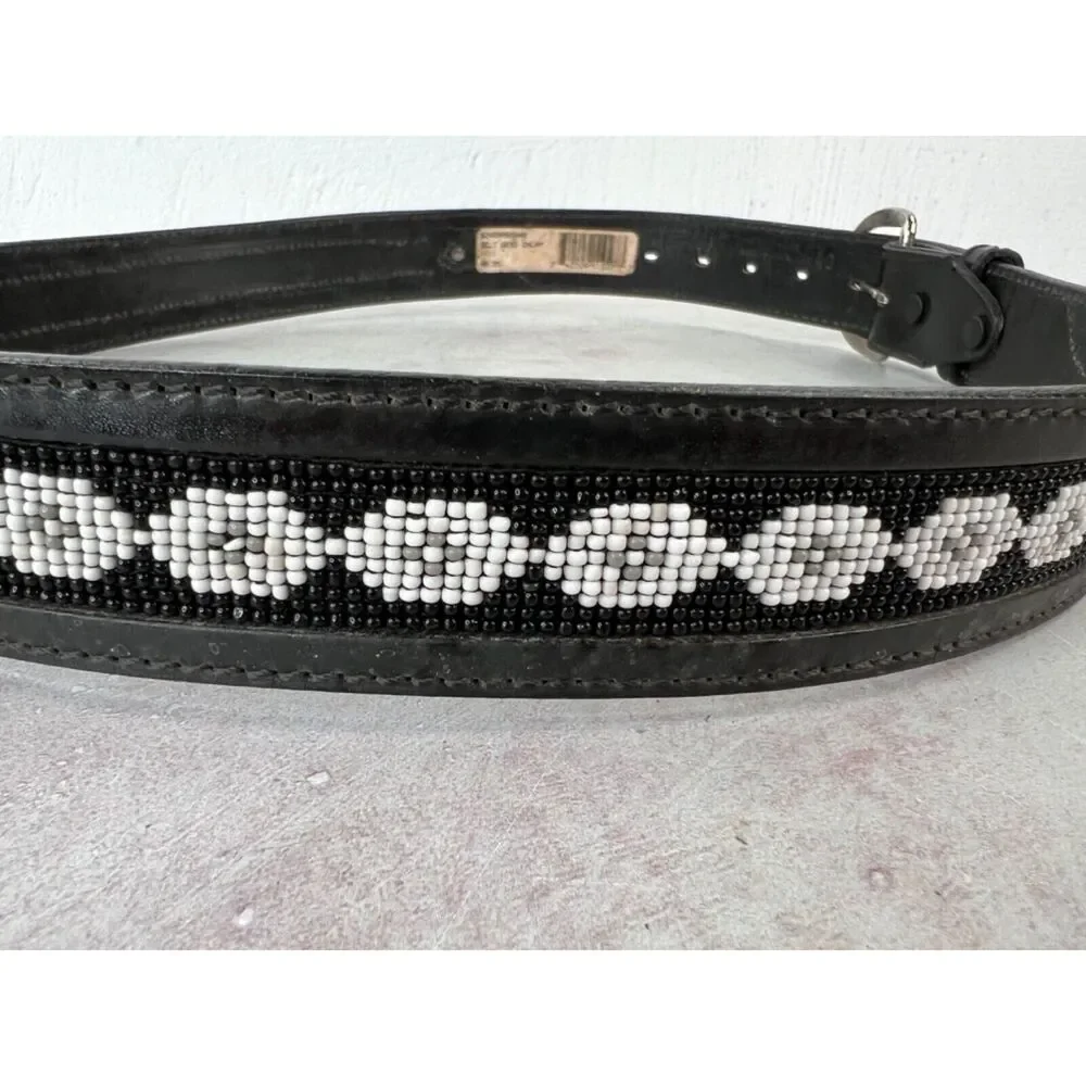 Black Leather Belt With‎ Beaded Southwestern Pattern & Silver Buckle Western